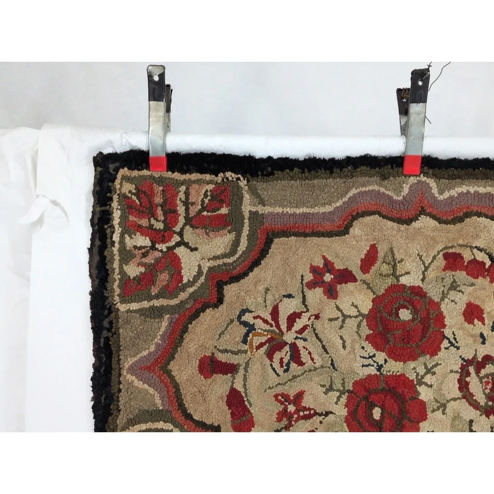 Vintage Hand Hooked Rug 24x37 Primitive Red Gold Floral Pattern Cottagecore